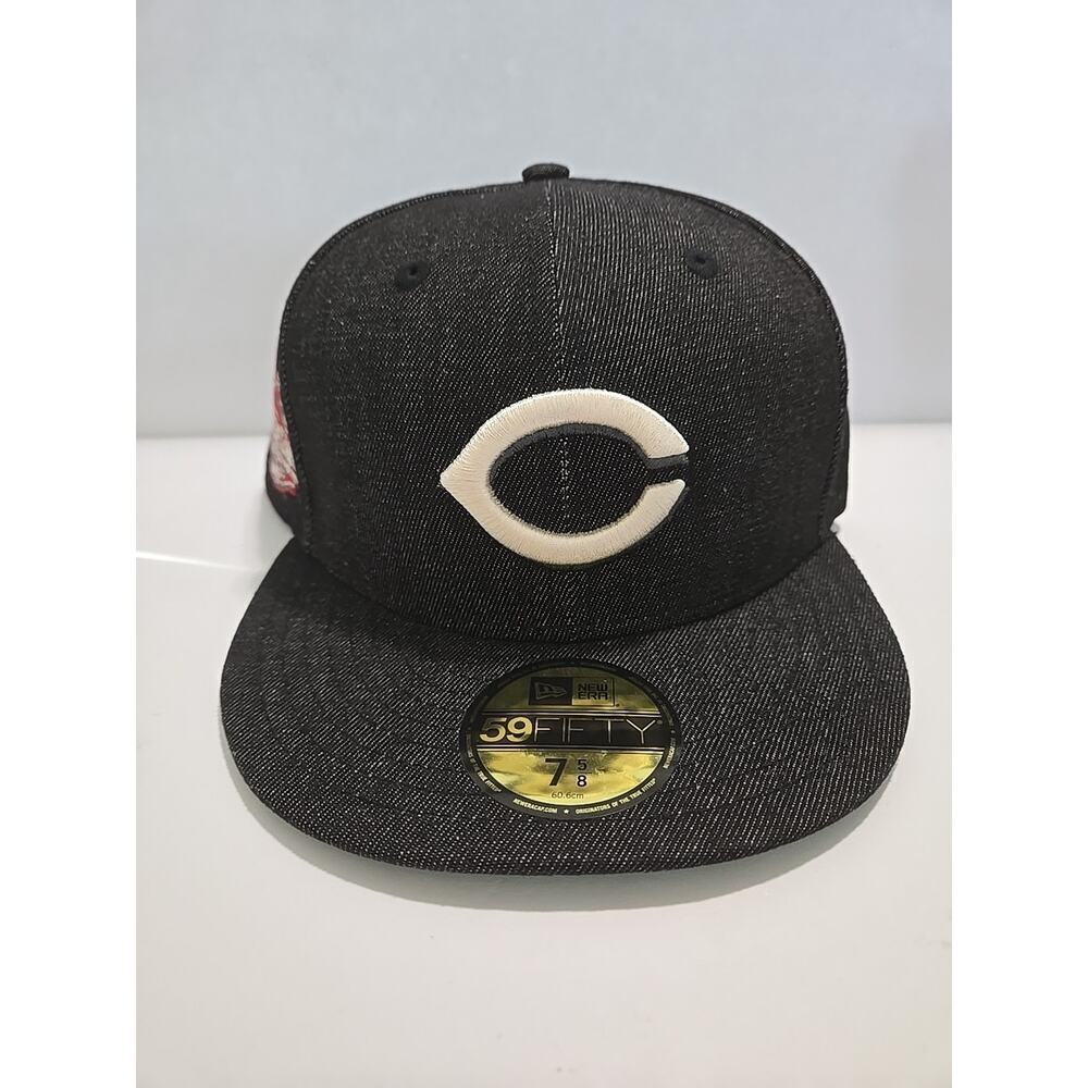 NEW ERA 5950 FITTED HAT CINCINNATI REDS BLACK DENIM CAP SIDE PATCH ASG 7-5/8